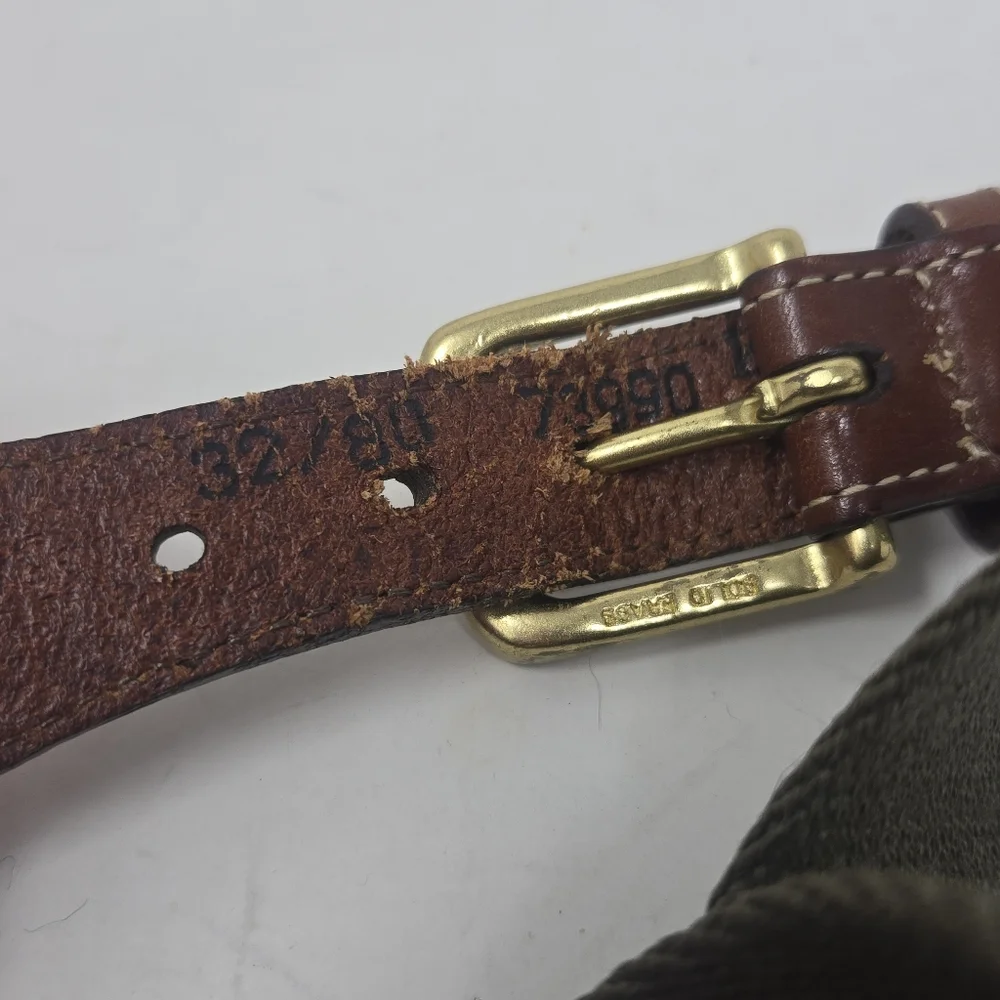 LL BEAN Golf Belt Men 44 Brown Leather Green Canvas Brass Buckle Made‎ USA